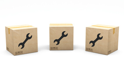 Obraz premium Kraft box stamped with an icon: tool. Cardboard package made in 3D and rendered in 3 different angles: front, left side, right side. Easy clipping.