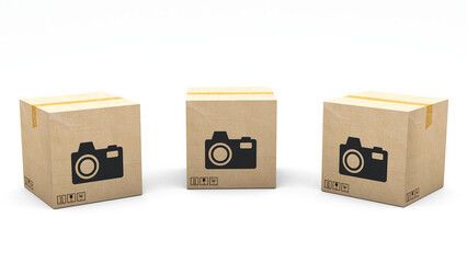 Fototapeta premium Kraft box stamped with an icon: camera. Cardboard package made in 3D and rendered in 3 different angles: front, left side, right side. Easy clipping.