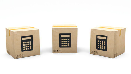 Kraft box stamped with an icon: calculator. Cardboard package made in 3D and rendered in 3 different angles: front, left side, right side. Easy clipping.