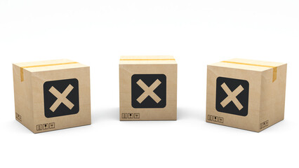 Kraft box stamped with an icon: error. Cardboard package made in 3D and rendered in 3 different angles: front, left side, right side. Easy clipping.