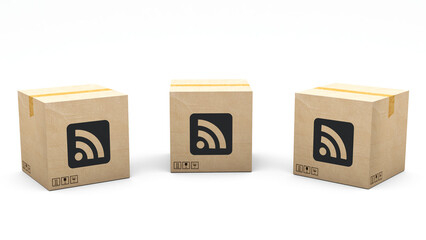 Kraft box stamped with an icon: wifi. Cardboard package made in 3D and rendered in 3 different angles: front, left side, right side. Easy clipping.