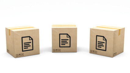 Fototapeta premium Kraft box stamped with an icon: doc. Cardboard package made in 3D and rendered in 3 different angles: front, left side, right side. Easy clipping.
