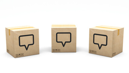 Kraft box stamped with an icon: balloon conversation. Cardboard package made in 3D and rendered in 3 different angles: front, left side, right side. Easy clipping.