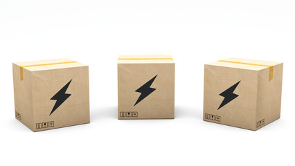 Obraz premium Kraft box stamped with an icon: Thunderbolt, ray. Cardboard package made in 3D and rendered in 3 different angles: front, left side, right side. Easy clipping.