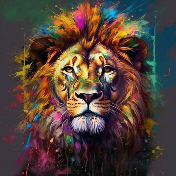 Abstract painting concept. Colorful art of a lion with a crown