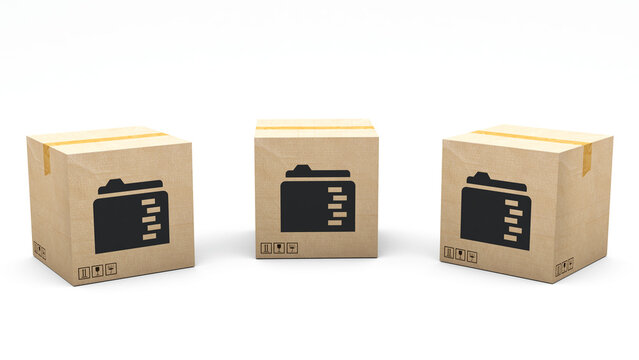 Kraft box stamped with an icon: documents, file. Cardboard package made in 3D and rendered in 3 different angles: front, left side, right side. Easy clipping.