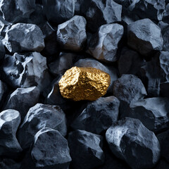 Pure shiny gold piece among rocks. Golden nugget. Gold ore. Precious treasure.