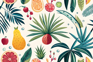 summer-themed patterns with a botanical twist, featuring palm leaves, flowers, and fruit, in soft pastel shades
