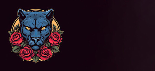 Black panther head with rose and flower, in the style of vintage comic. Generative AI
