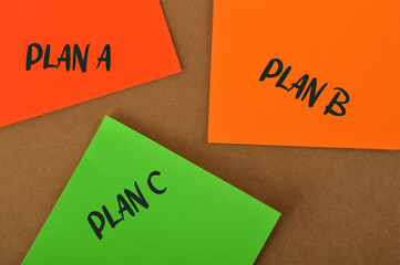 Colorful papers with text PLAN A, PLAN B and PLAN C. Rethinking Strategy concept.