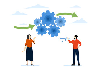 Workflow management, team management or development plan and procedure concept, work process optimization for best result, entrepreneur manager optimize cogwheels workflow system for best result.