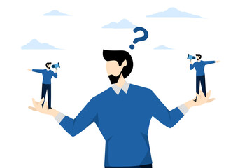 Dilemma or moral conflict, decision problem or question, choosing options, disagreement or argument for business direction, alternative or solution concept, confused businessman choosing direction.