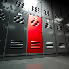 Single, unique, red, metal locker on a school corridor. Different colour.