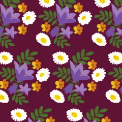 Gordijnen Floral pattern with purple bluebells, daisies, green leaves and calendula on a burgundy background © Алена Иванченко