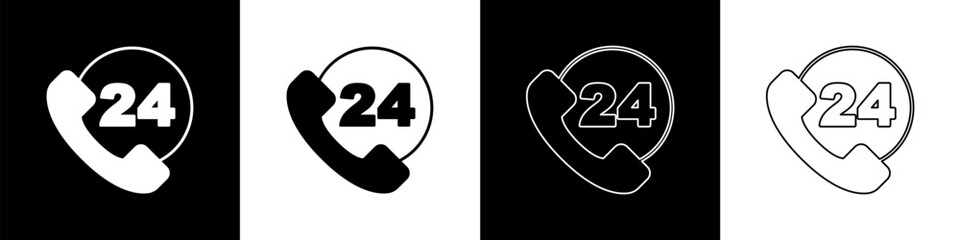 Set Telephone 24 hours support icon isolated on black and white background. All-day customer support call-center. Full time call services. Vector