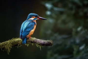 Small bird perched on a branch, blue color feathers, on a dark blurry natural background