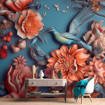 soggiorno surreale con divano e incredibile carta da parati materica con colori accesi, grandi fiori arancioni e colibr&igrave; giganti, creata con intelligenza artificiale, 