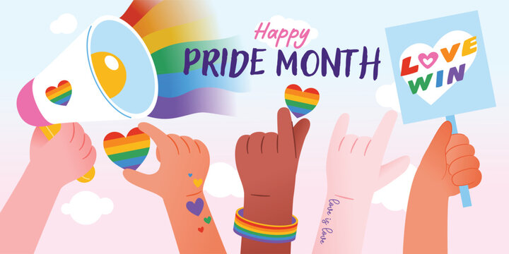 Pride Month Celebration Poster With Hand Gesture Megaphone, Love Sign And Parade Sign, Vector Illustration