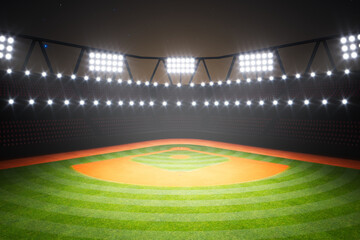 Fototapeta na wymiar Empty baseball stadium during the night. Grass and orange dirt in the spotlight