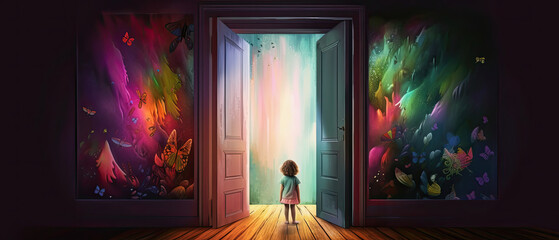 generative ai illustration of a little girl stands in a colorfully painted room at a wide open entrance and looks into an unknown dimension behind it - obrazy, fototapety, plakaty