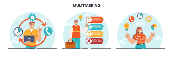 Multitasking concept set. Effective and competent office worker managing