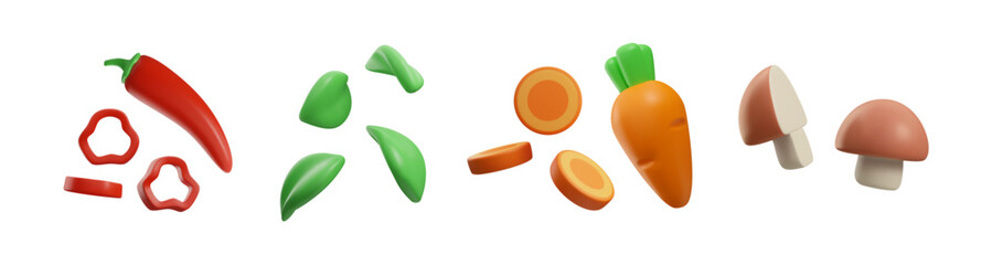 Set of whole and cut vegetables 3D style, vector illustration