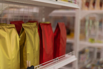 Blank coffee sachets in the mini-mart storefront