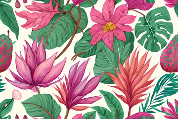 summer-themed patterns with a botanical twist, featuring palm leaves, flowers, in soft pastel shades