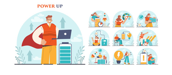 Power up concept set. Energetic character with enthusiasm. Vital energy