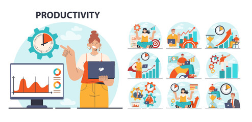 Productivity concept set. Character worktime optimization. Employee job