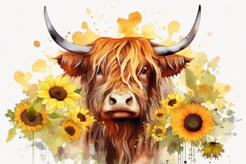 Image of Watercolor painting depicting a majestic Highland Cow surrounded by vibrant flowers. Generative Ai printed on Printed Glass Splashbacks