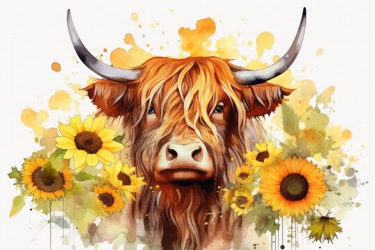 Watercolor painting depicting a majestic Highland Cow surrounded by vibrant flowers. Generative Ai