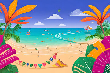 A vibrant summer festival invitation card with a tropical beach theme