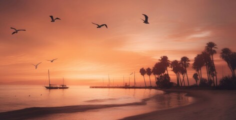 sunset on the beach with palm trees and birds. Generative AI