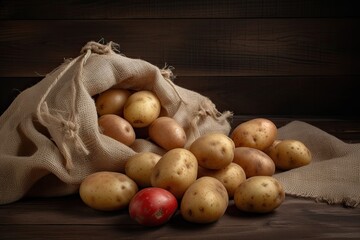 Studio photo of a bag with scattered fresh potatoes on a wooden floor with a black background. AI generative