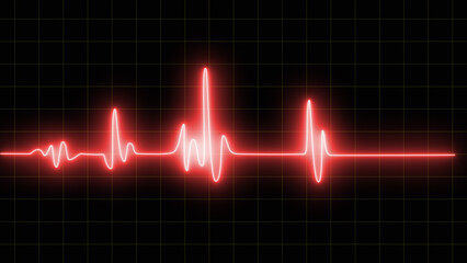 Emergency ekg monitoring. Red glowing neon heart pulse. Heart beat. Electrocardiogram, Red glowing neon heart pulse illustration. - obrazy, fototapety, plakaty
