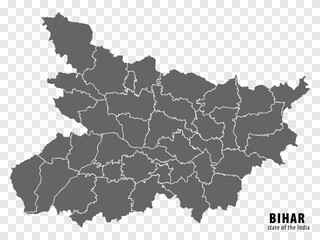 Blank map State  Bihar of India. High quality map Bihar with municipalities on transparent background for your web site design, logo, app, UI. Republic of India.  EPS10. - obrazy, fototapety, plakaty