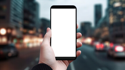 Hand holding smartphone with cut out screen on evening urban background. Based on Generative AI