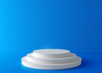 Realistic white 3D cylinder podium and blue background. Abstract minimal scene for products stage showcase, promotion display. 3d rendering.