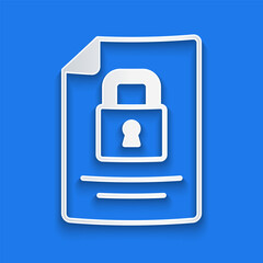Paper cut Document and lock icon isolated on blue background. File format and padlock. Security, safety, protection concept. Paper art style. Vector