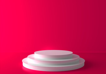 Realistic white 3D cylinder podium and red background. Abstract minimal scene for products stage showcase, promotion display. 3d rendering.