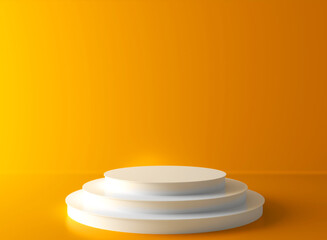 Realistic white 3D cylinder podium and yellow background. Abstract minimal scene for products stage showcase, promotion display. 3d rendering.