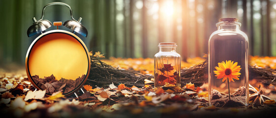 Orange clock without needle and bottle with sunflower placed on the floor. Business concept and success in background of latter in autumn forest. copy space, banner, website - 3d rendering