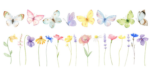 Watercolor set of meadow flowers and colorful butterflies.  Perfect for the creation of printed products, party invitation, wedding, wallpaper, textiles, digital scrapbooking, greeting cards. - 602685119