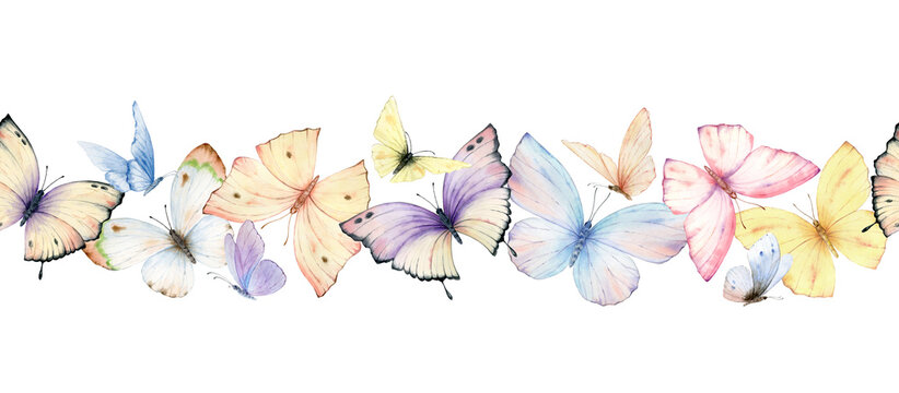 Watercolor seamless border of multicolored butterflies. Perfect for the creation of printed products, party invitation, wedding, wallpaper, textiles, decoration, stationery design.