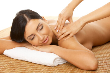 Fototapeta na wymiar Portrait of Fresh and Beautiful brunette woman taking massage