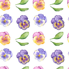 Seamless watercolor pattern with pink, purple and blue pansies with leaves on the white background.