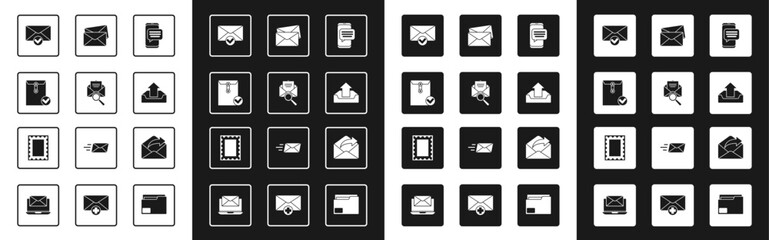 Set Chat messages notification on phone, Envelope with magnifying glass, and check mark, Upload inbox, Outgoing mail and Postal stamp icon. Vector