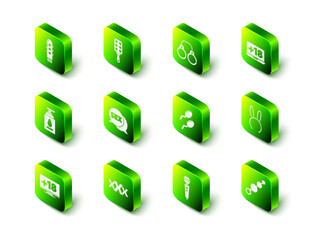 Set Spanking paddle, Sexy fluffy handcuffs, Laptop with 18 plus content, Mask long bunny ears, Anal beads, Sperm, Dildo vibrator and shop icon. Vector