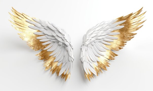 Heavenly golden and white angel wings in a serene white background Creating using generative AI tools